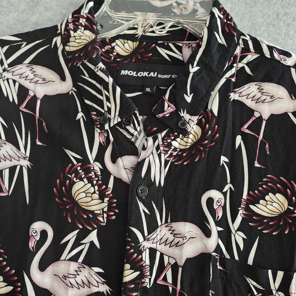Molokai Surf Co Flamingo Shirt Mens XL Black Hawaiian Button Up Short Sleeve